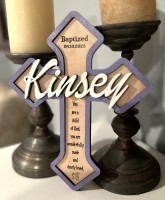 3 Layer Cross Natural Wood with Purple Frame & White Lettering